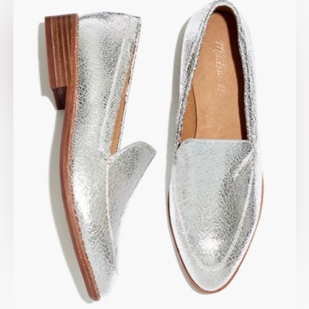 EUC Madewell Frances Metallic Silver Crackle Leather Loafer size US8